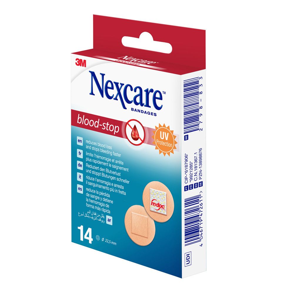 Verpakking Nexcare Blood Stop pleisters. Bevat 14 pleisters. Tekst: blood-stop, 3M, Nexcare, 14 x 22,5mm, UV Protection.