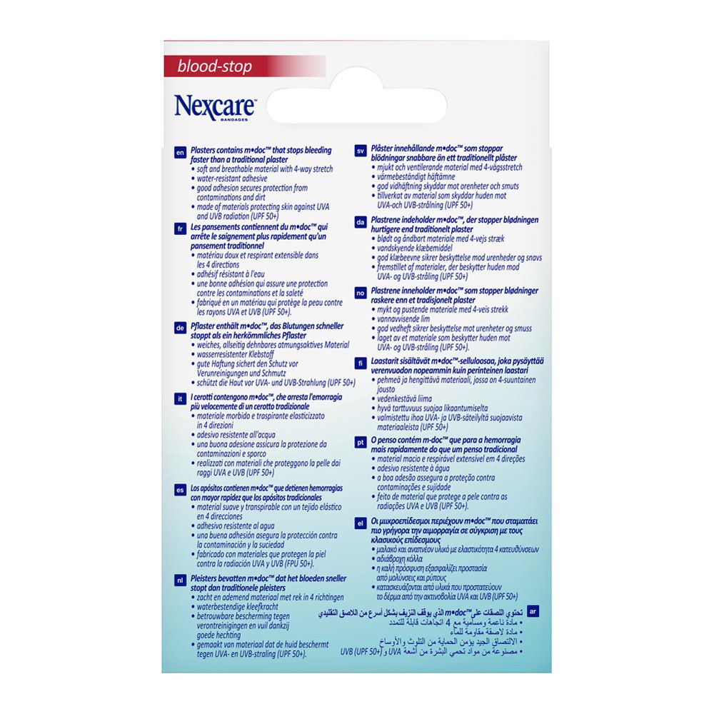 Achterkant van de Nexcare Blood Stop pleisterverpakking. Meertalige tekst. Bevat informatie over de pleisters.