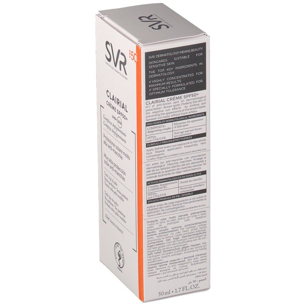 Boîte de crème solaire SVR Clairial SPF50+. Inscriptions en plusieurs langues. Design blanc et orange. Contenance 50ml.