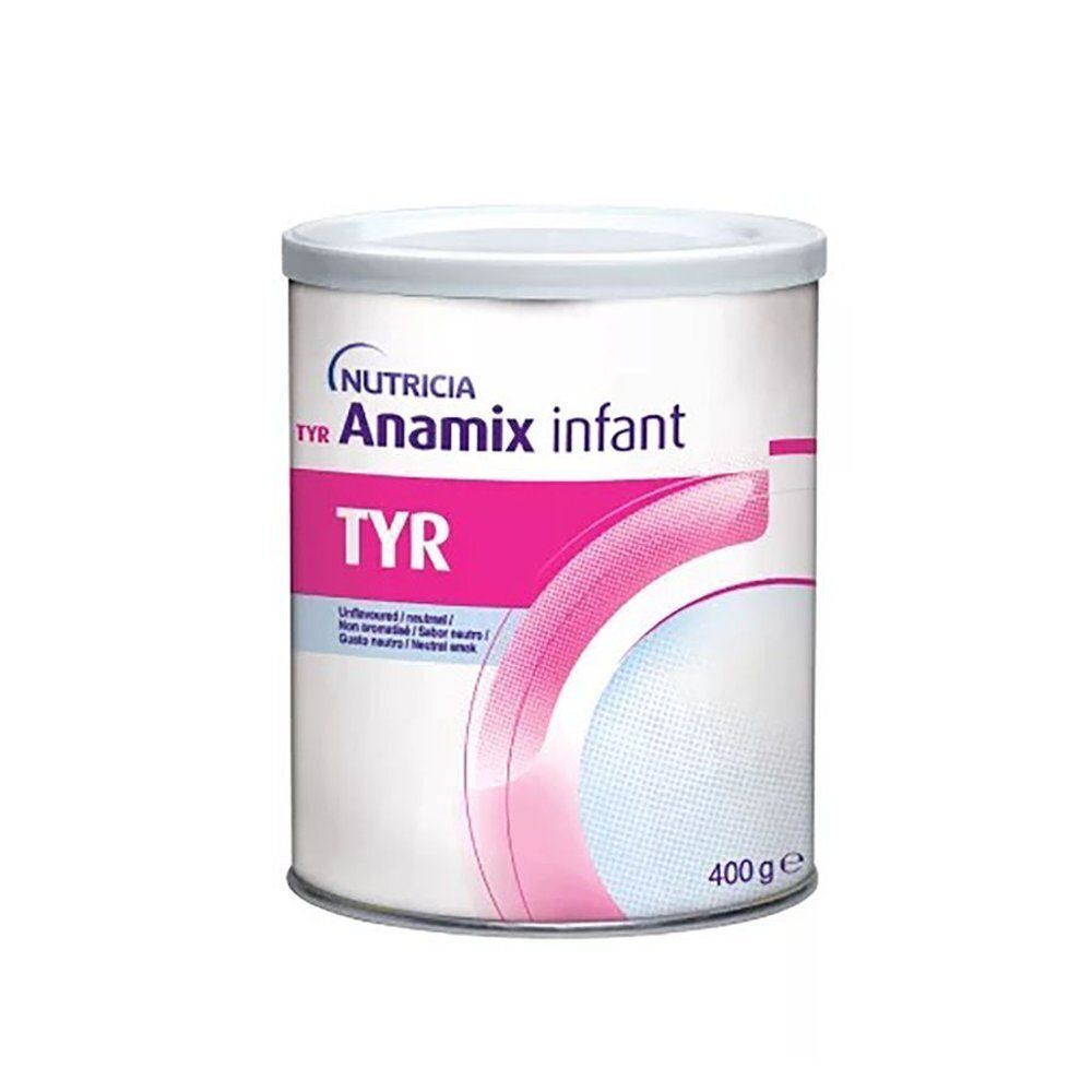 Blik Milupa TYR Anamix infant. Wit, met deksel. Opschrift: Nutricia, TYR Anamix infant, 400 g.