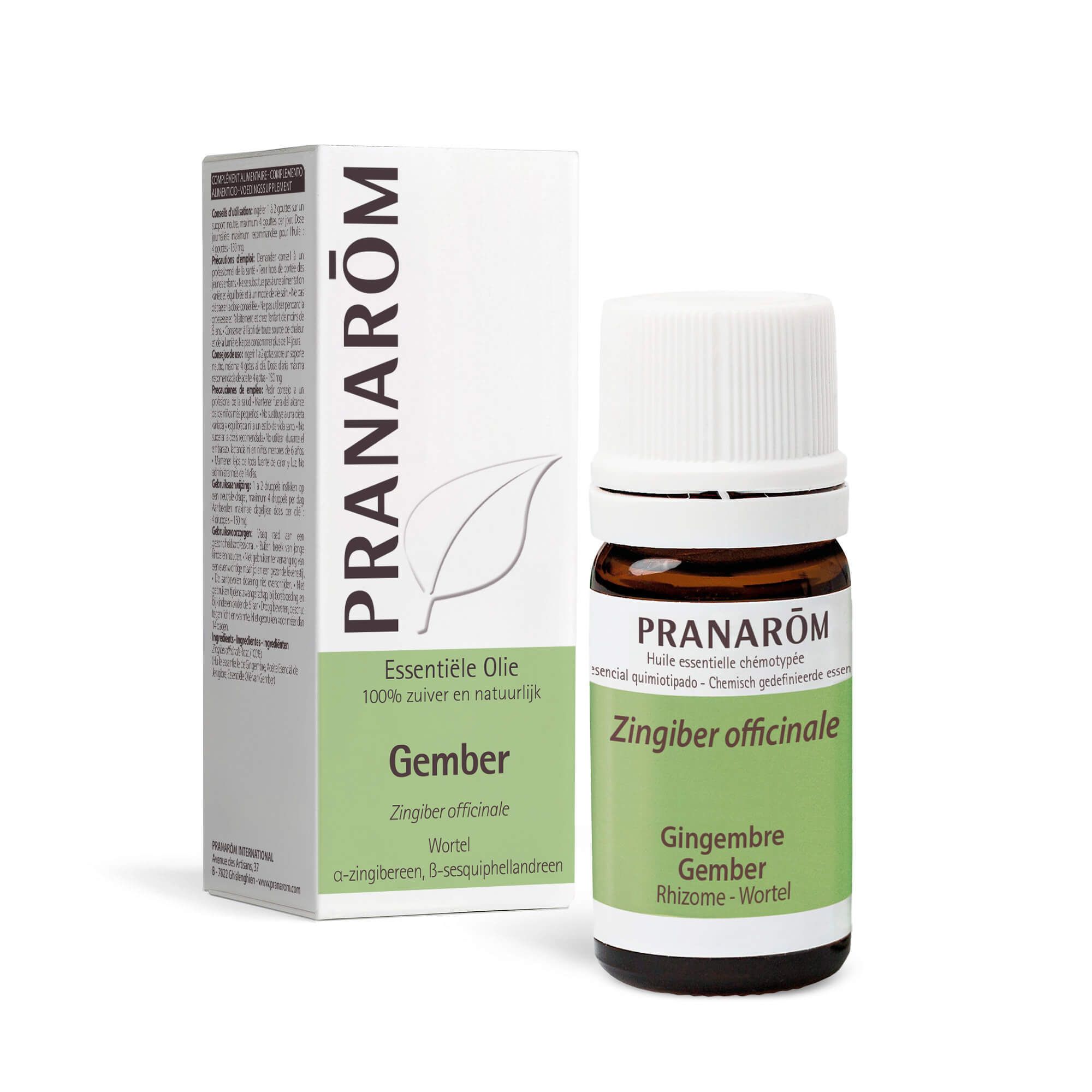 Bruine glazen fles en doos. Productnaam: Gember. Merk: Pranarôm. 100% zuiver.