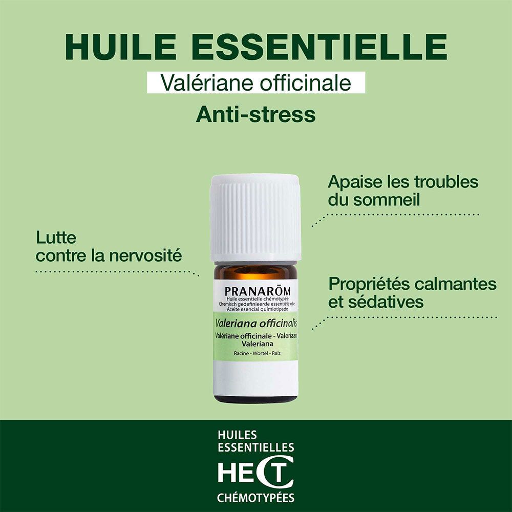 Flacon et boîte Pranarôm. Étiquette Valeriana officinalis. 5ml.