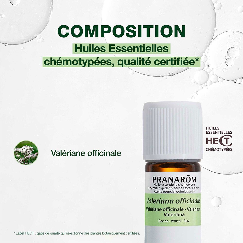 Flacon brun avec bouchon blanc. Logo Pranarôm. Étiquette Valeriana officinalis. 5ml.