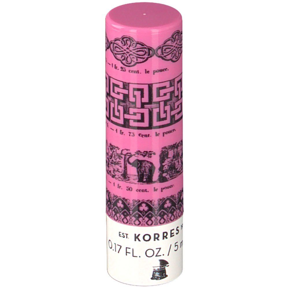 Roze lippenbalsem stick met witte basis. Zwarte versieringen en tekst. Opschrift: KORRES, 0.17 FL. OZ./5ml.
