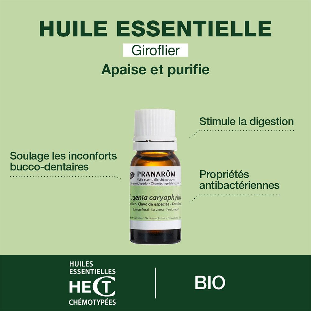 Flacon PRANAROM. Huile essentielle Giroflier. Apaise et purifie. Propriétés antibactériennes. Certification BIO.