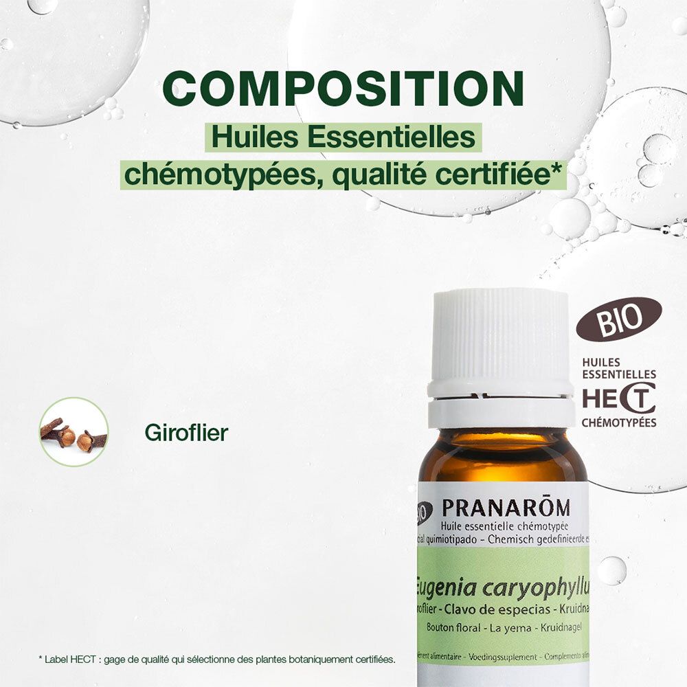Flacon PRANAROM. Huiles essentielles chémotypées. Certification BIO. Ingrédient : Eugenia caryophyllus.