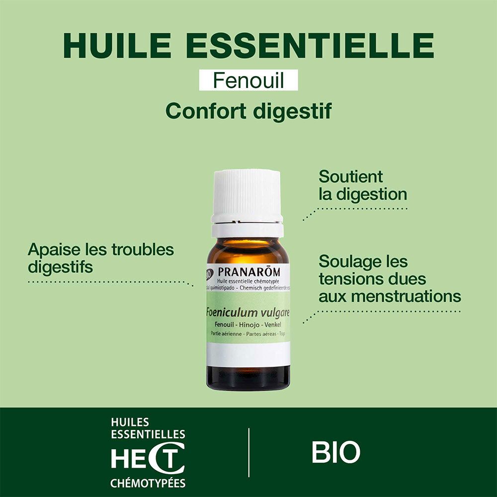 Afbeelding met fles. Tekst: Huile essentielle, Venkel, Confort digestif. Ondersteunt de spijsvertering, verlicht menstruatiepijn.
