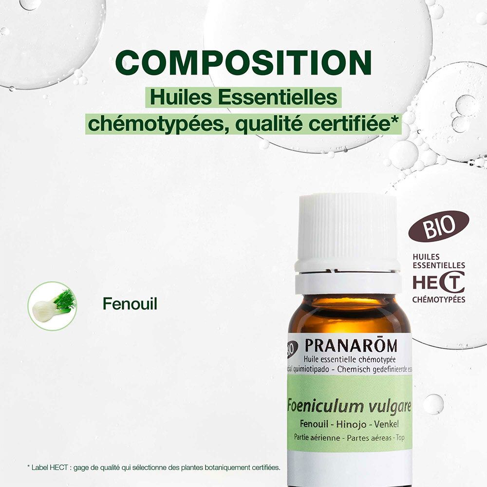 Fles en tekst: Composition, Huiles essentielles chémotypées, qualité certifiée. BIO-logo. Venkel.