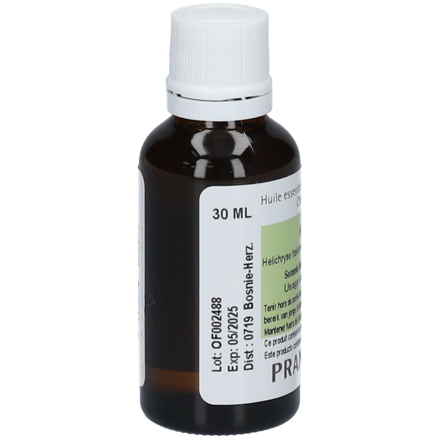 Flacon en verre brun avec bouchon blanc. Étiquette avec texte: 30 ml, OF002488, Exp: 05/2025.