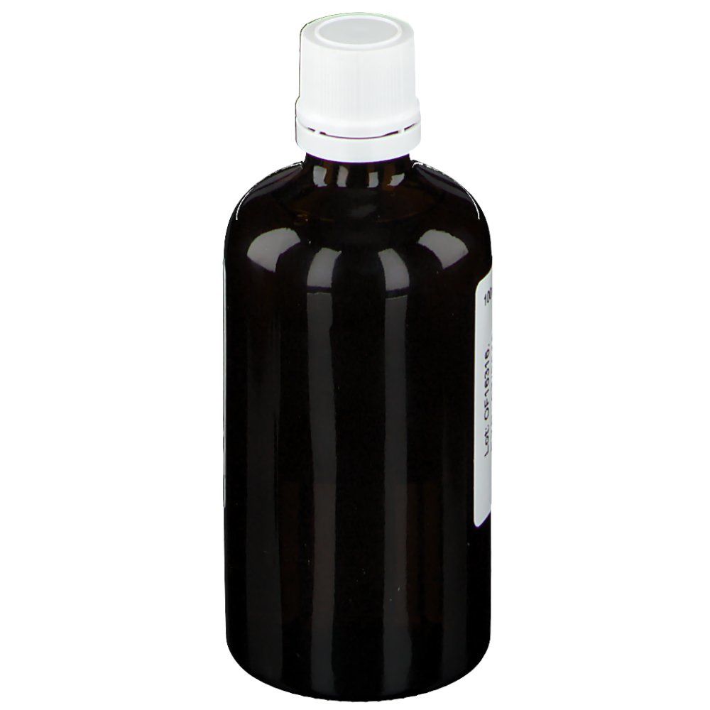 Flacon en verre brun avec bouchon blanc. Étiquette avec informations produit. Logo PRANAROM non visible.