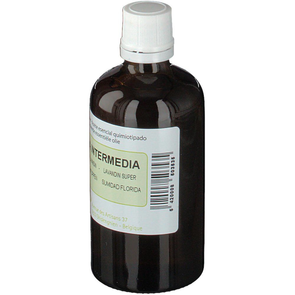 Flacon en verre brun avec bouchon blanc. Étiquette avec nom du produit et code-barres. Marque PRANAROM.