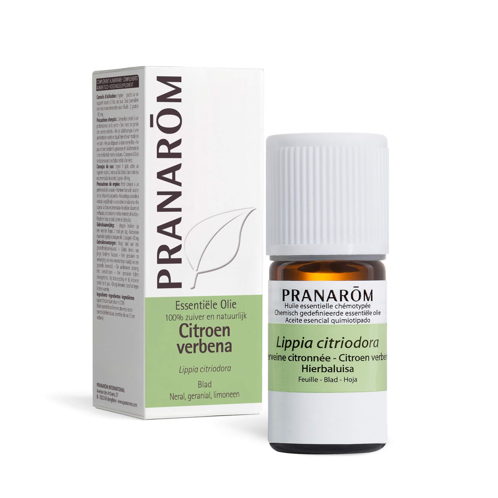 Bruine glazen fles met witte dop en etiket. Doos met PRANAROM logo. Op etiket: Verveine citronnée. 5 ml.