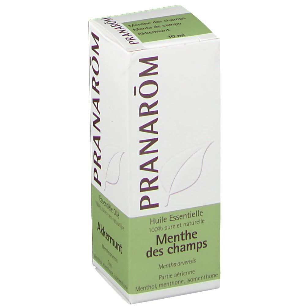 Boîte blanche et verte. Inscription: Pranarom, Menthe des champs, huile essentielle 100% pure. Logo feuille.