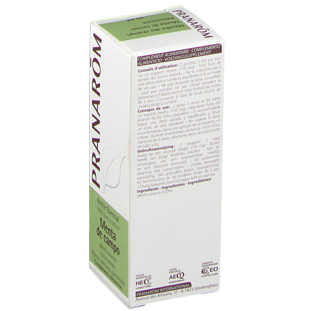 Boîte blanche et verte. Inscription: Pranarom, Menta de campo, informations complémentaires. Texte multilingue.