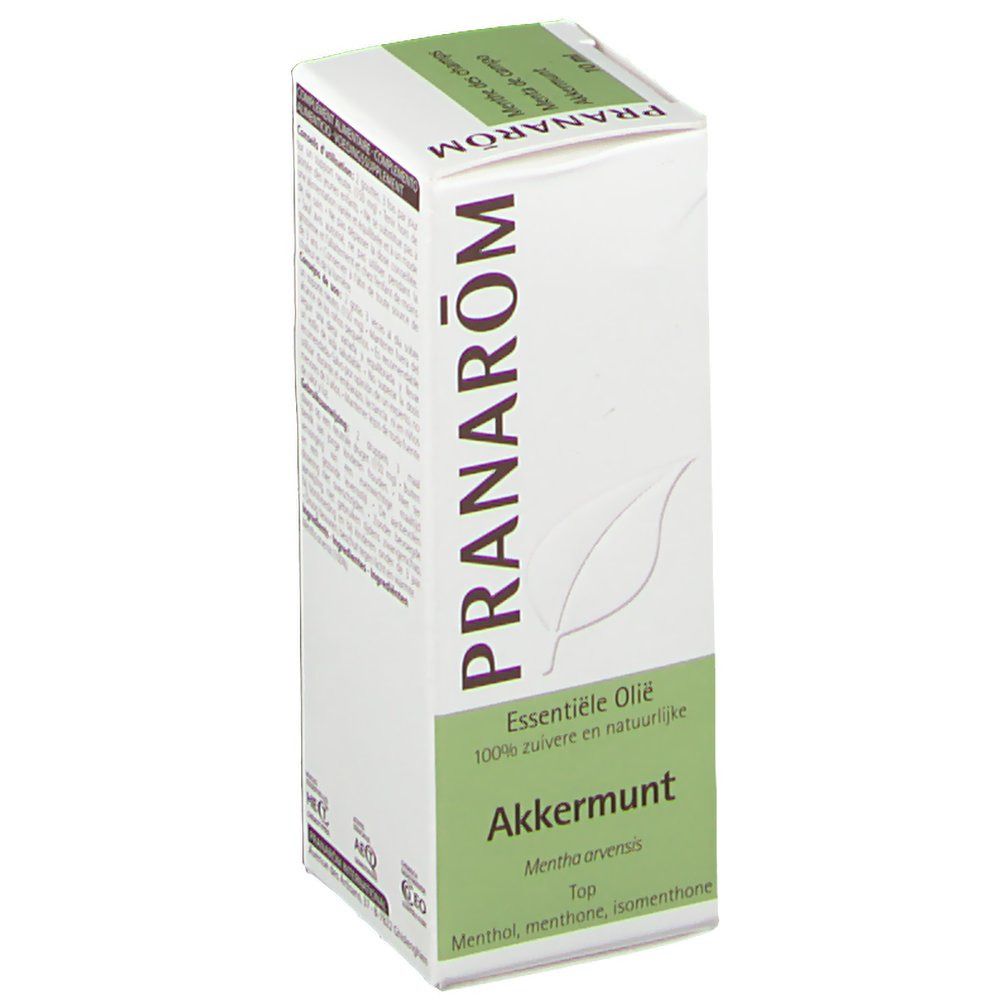 Boîte blanche et verte. Inscription: Pranarom, Akkermunt, 100% pure et naturelle. Logo feuille.