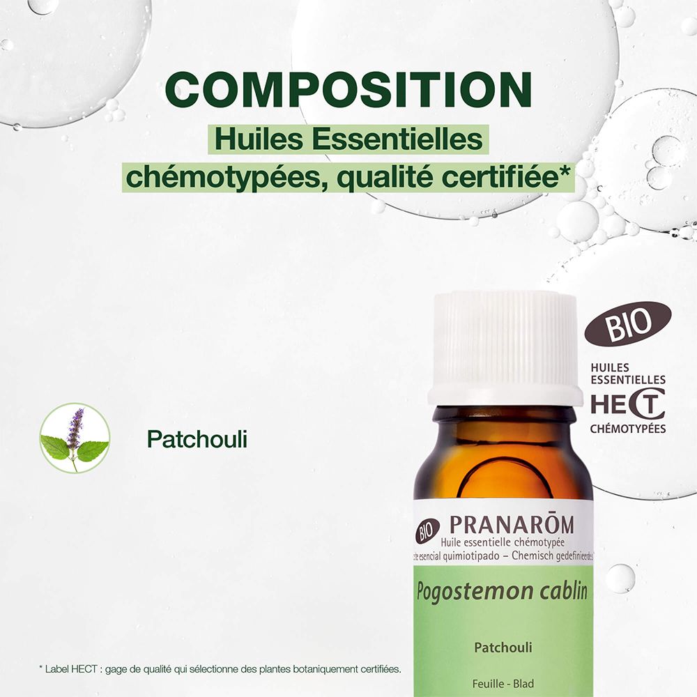 Bruine fles, witte dop. Tekst: Patchouli. BIO-certificering. Groene achtergrond. HECT-label.