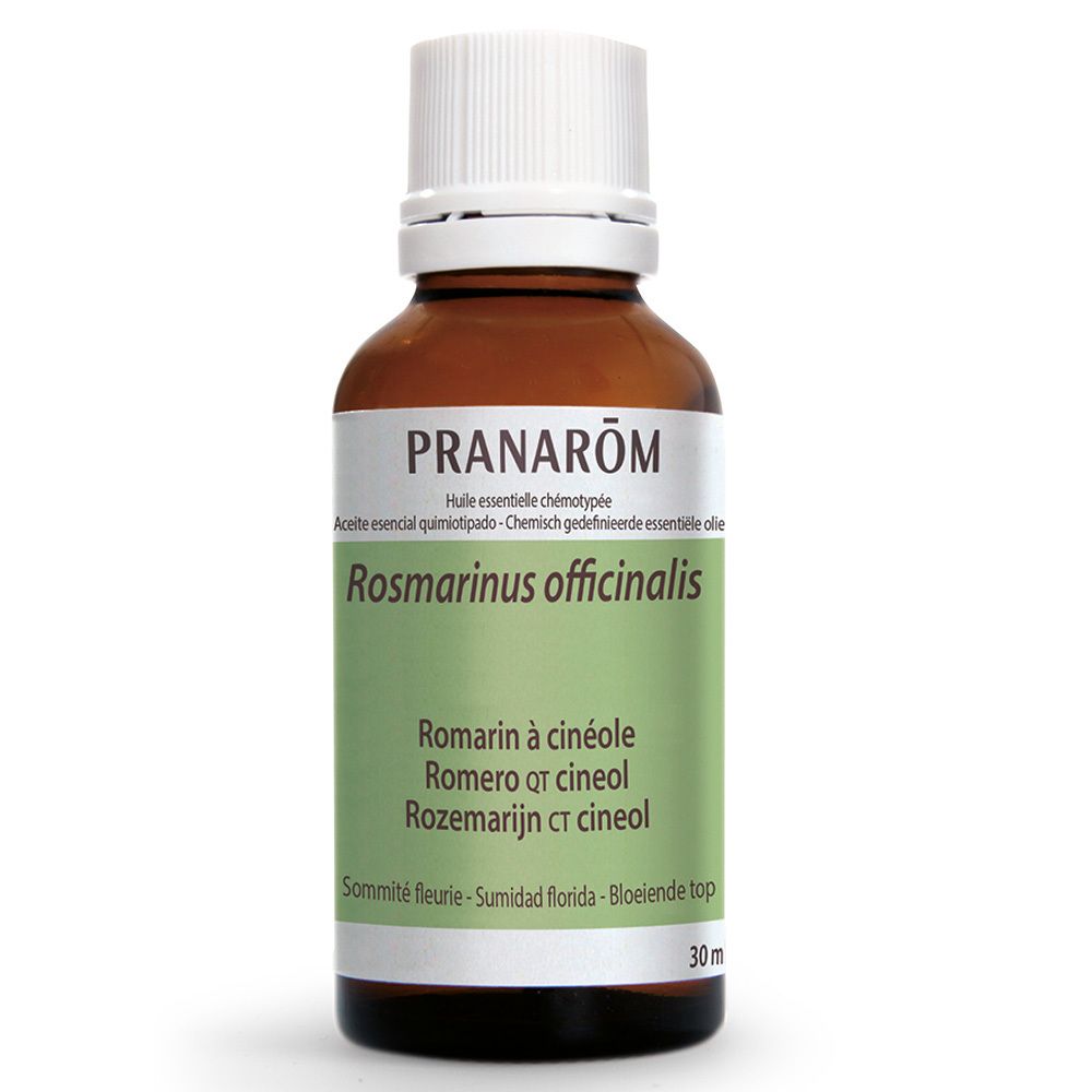 Bruine glazen fles met witte dop. Etiket met PRANAROM, Rosmarinus officinalis en andere informatie.