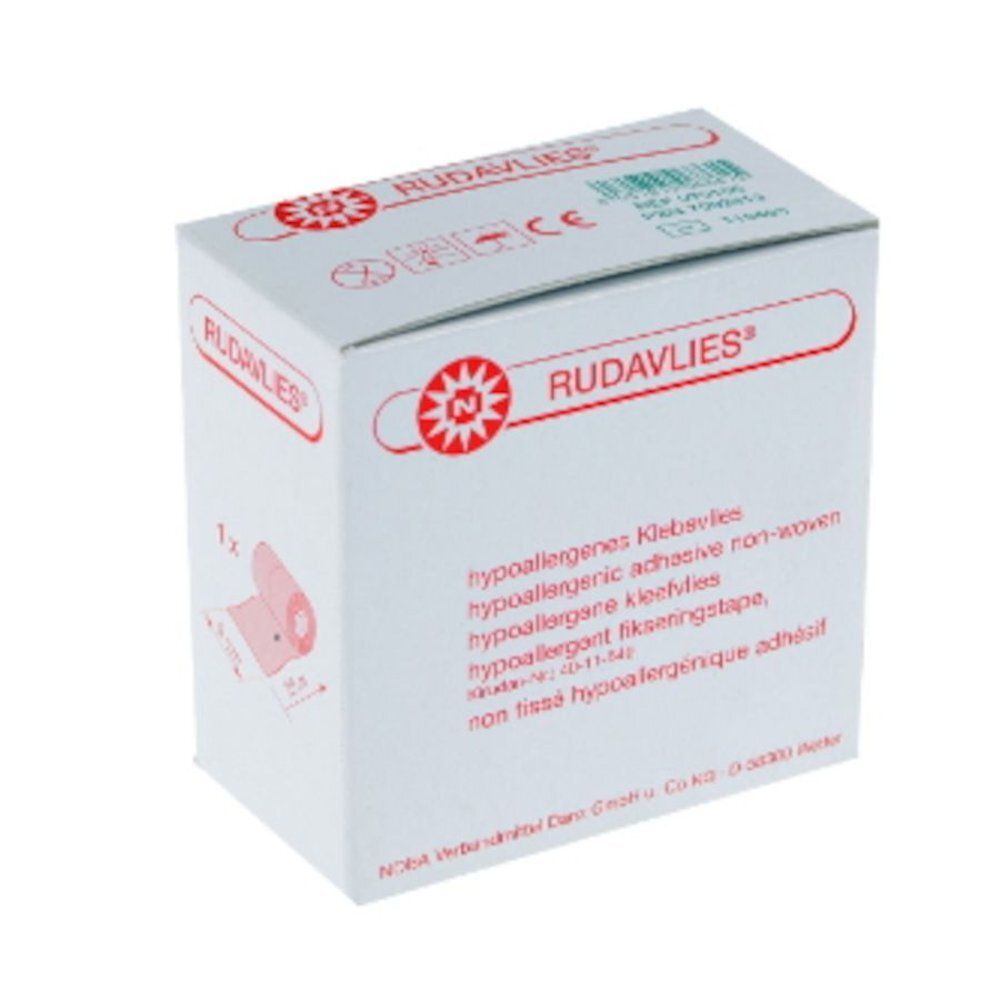 Boîte blanche avec logo rouge et texte RUDAVLIES. Inscription : Klebevlies hypoallergénique.