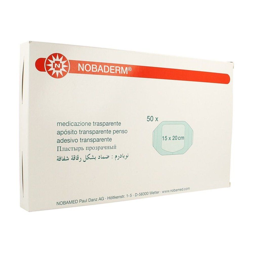Boîte de pansements adhésifs NOBADERM®. Contient 50 unités de 15 x 20 cm. Inscriptions multilingues, dont « medicazione trasparente » et « adesivo transparente ».