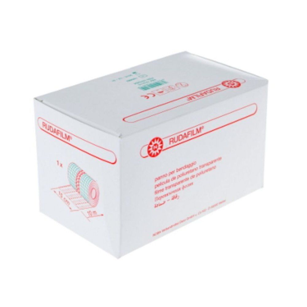 Witte doos met rode tekst en logo. Opschrift: RUDAFILM. Weergave van een rol verbandfolie. Afmetingen: 15 cm x 10 m.