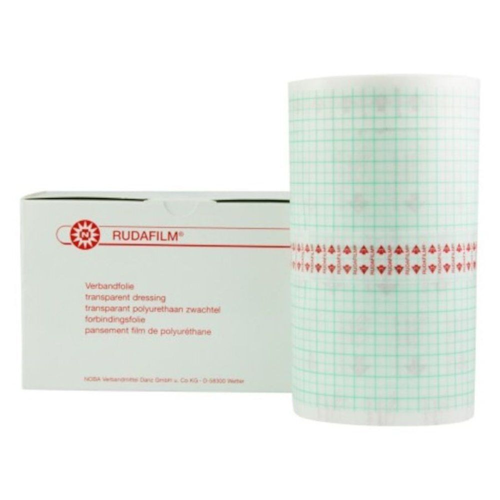 Rol transparante verbandfolie met groene raster en rode streep. Verpakking met logo en productnaam.