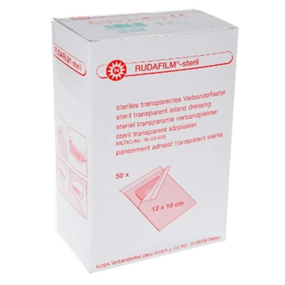 Verpakking van RUDAFILM®-steriel wondverband. Afmeting 12 x 10 cm, 50 stuks. Productnaam en logo zichtbaar.