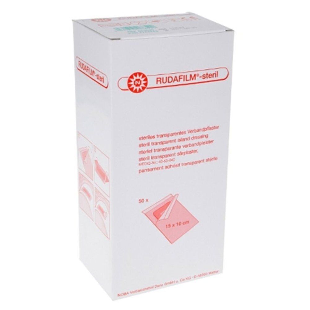 Boîte blanche avec texte et logo rouges. Inscription: RUDAFILM®-steril. Représentation d'un pansement transparent, 15 x 10 cm.