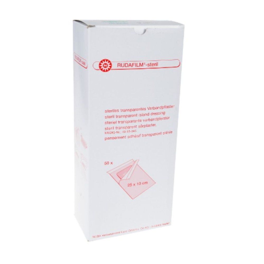 Witte verpakking met rood logo en tekst RUDAFILM®-steril. Opdruk: 25 x 10 cm, 50 stuks.