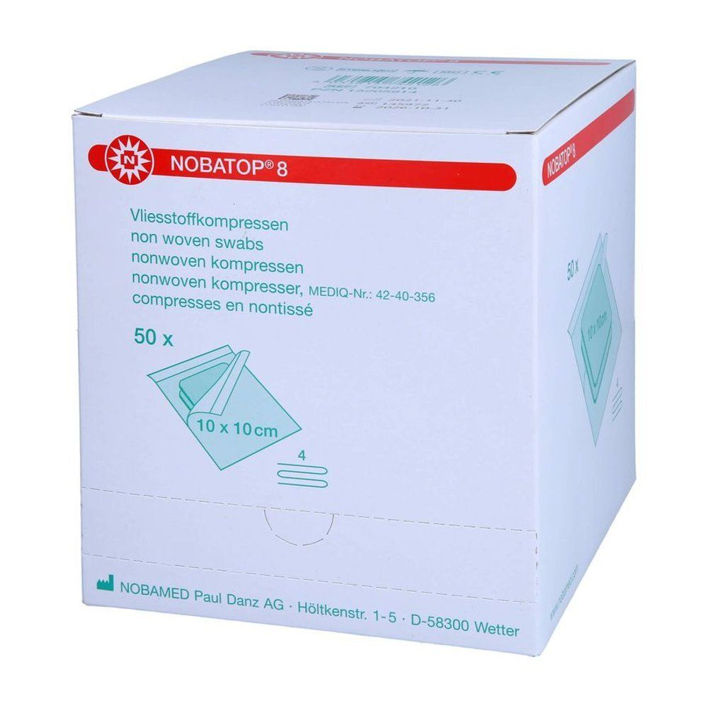 Witte doos NOBATOP® 8. Bevat 50 steriele non-woven kompressen 10 x 10 cm. Logo en productnaam duidelijk zichtbaar.