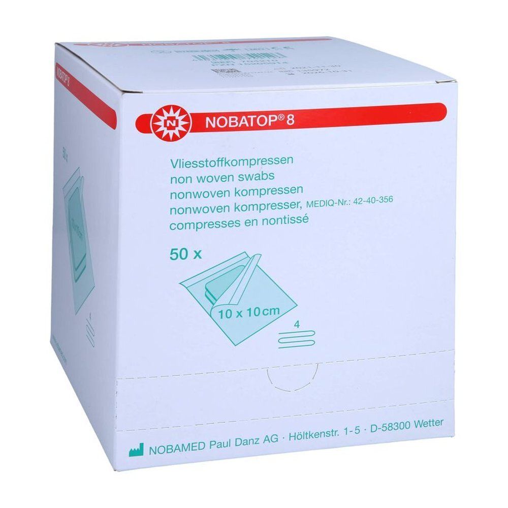 Witte doos NOBATOP® 8 met rode accenten. Bevat 50 steriele non-woven kompressen 10 x 10 cm. Productnaam zichtbaar.