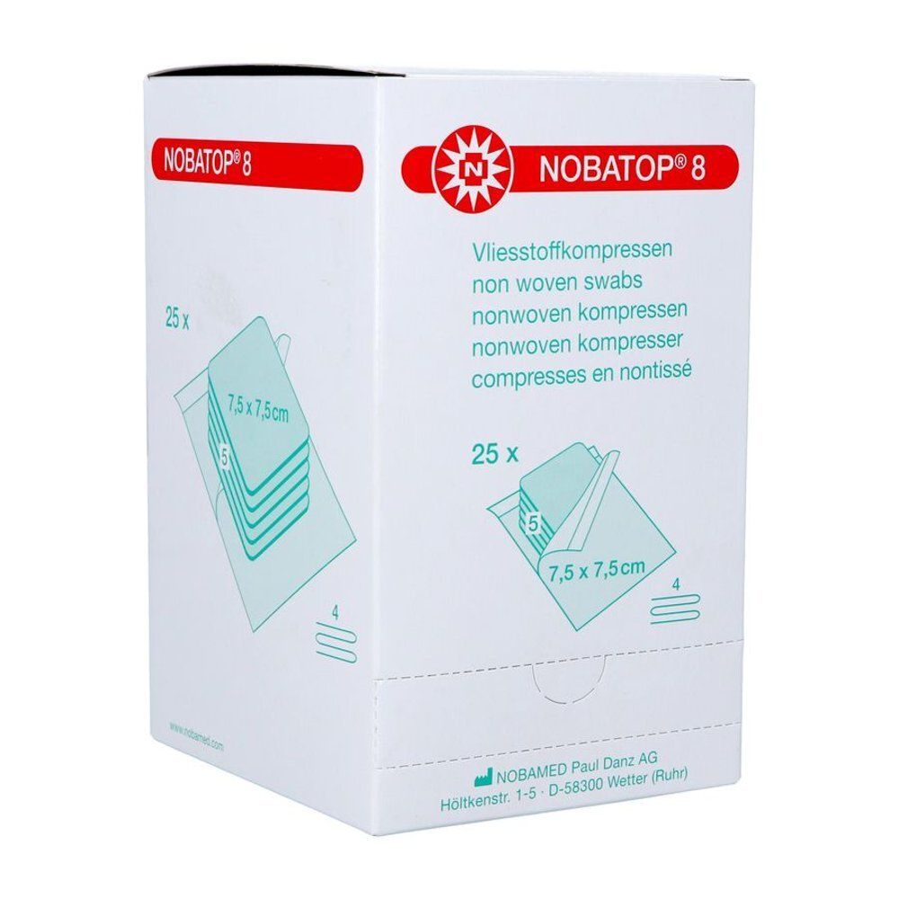Witte verpakking met productafbeelding. Opschrift NOBATOP® 8, 25 non-woven kompressen, 7,5 x 7,5 cm.