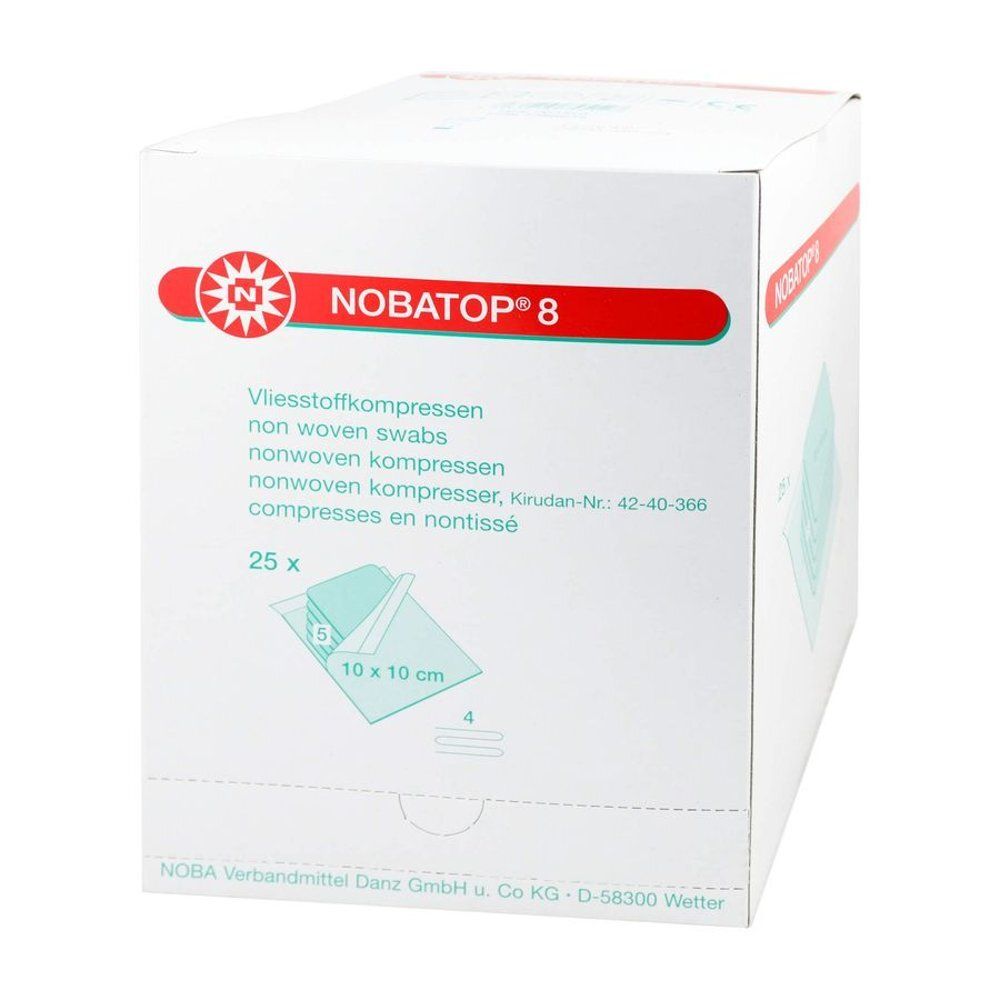 Witte doos met rode tekst. Opschrift: NOBATOP® 8. Bevat 25 steriele kompressen. Afmetingen: 10 x 10 cm.