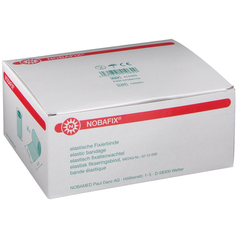 Witte verpakking met rode lijn en Nobafix® logo. Tekst: elastisch fixatieverband. CE-markering. Fabrikantenadres.