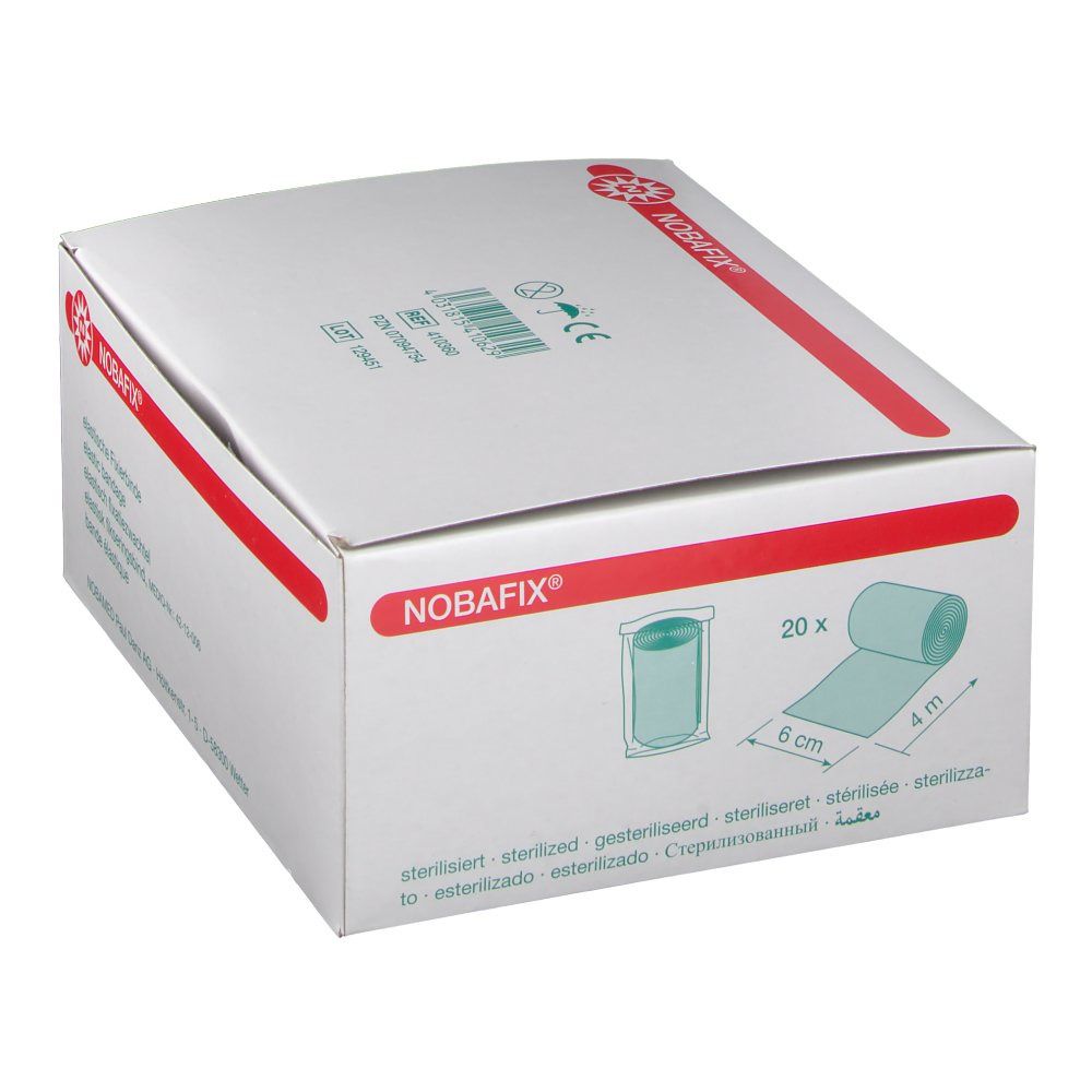 Witte verpakking met rode lijn en Nobafix® logo. Illustratie: verbandrol. Tekst: 20 x, 6 cm x 4 m. Steriel.