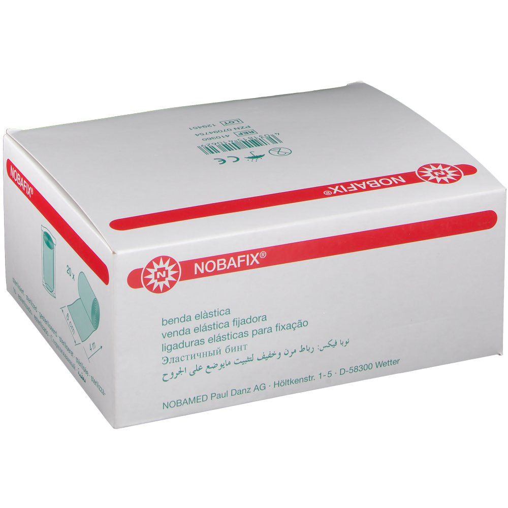 Witte verpakking met rode lijn en Nobafix® logo. Meertalige tekst. Fabrikantenadres. CE-markering.