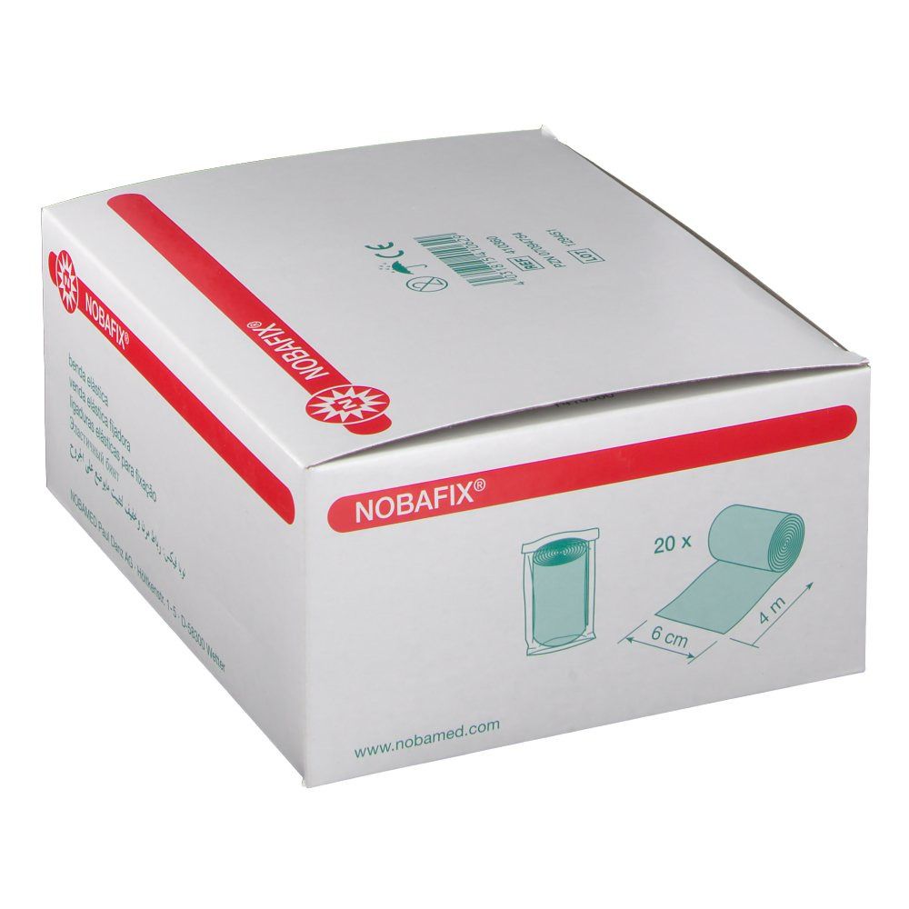 Witte verpakking met rode lijn en Nobafix® logo. Illustratie: verbandrol. Tekst: 20 x, 6 cm x 4 m. Steriel.