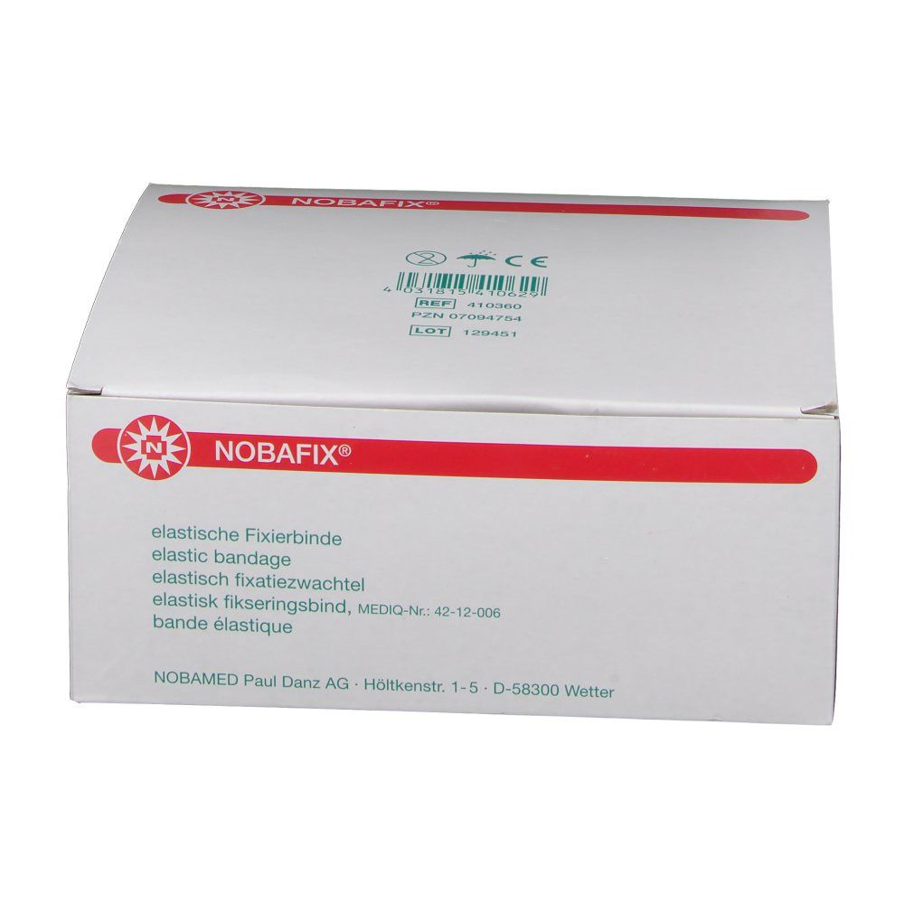 Witte verpakking met rode lijn en Nobafix® logo. Tekst: elastisch fixatieverband. CE-markering. Fabrikantenadres.