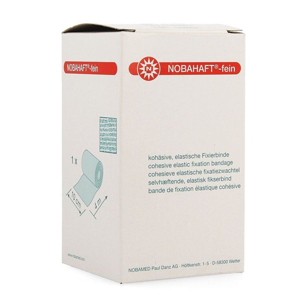 Witte doos met productnaam NOBAHAFT®-fein. Toont een rol fixatieverband. Bedrukking in meerdere talen.