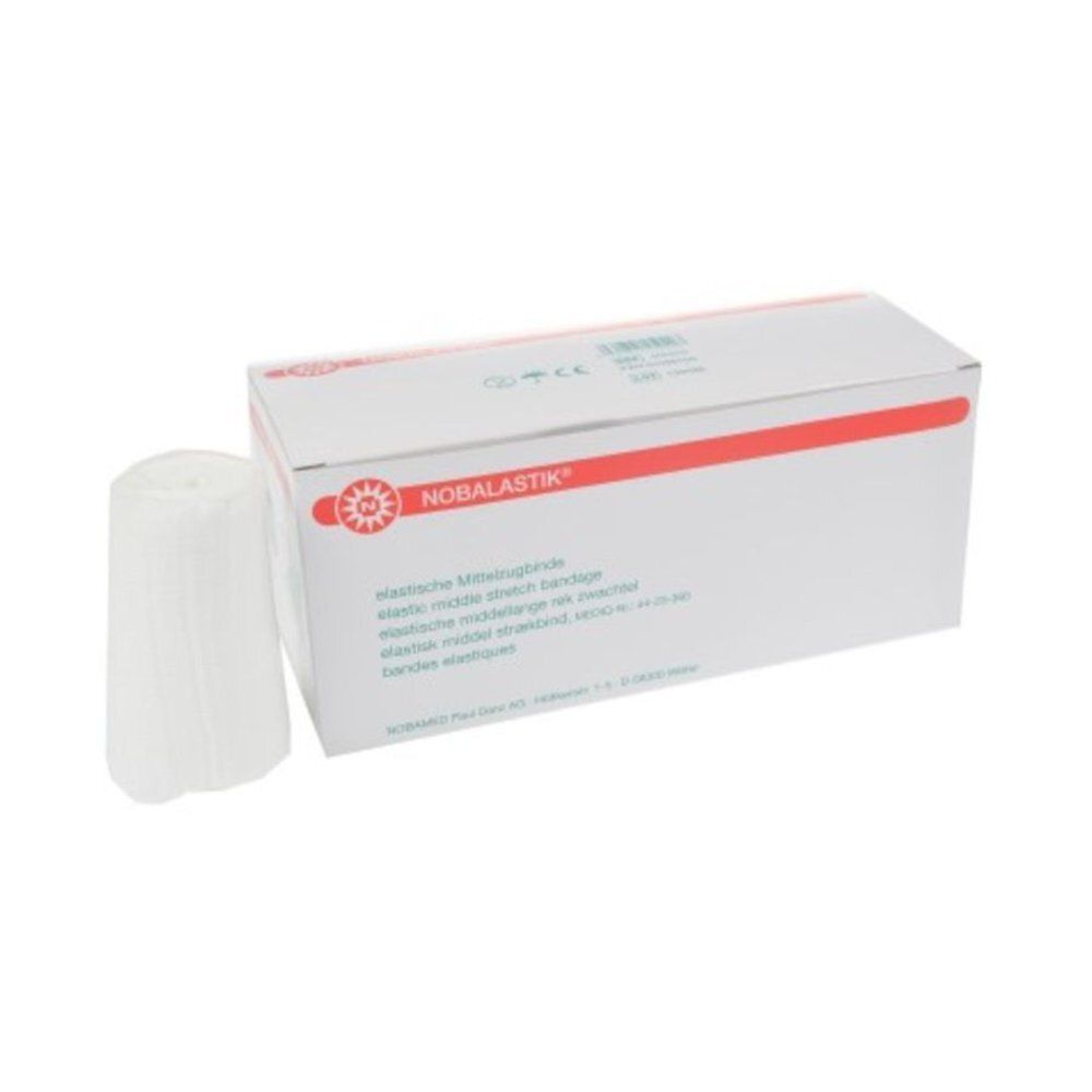Bande élastique blanche à traction moyenne, à côté d'un emballage blanc avec une bande rouge et le texte NOBALASTIK.