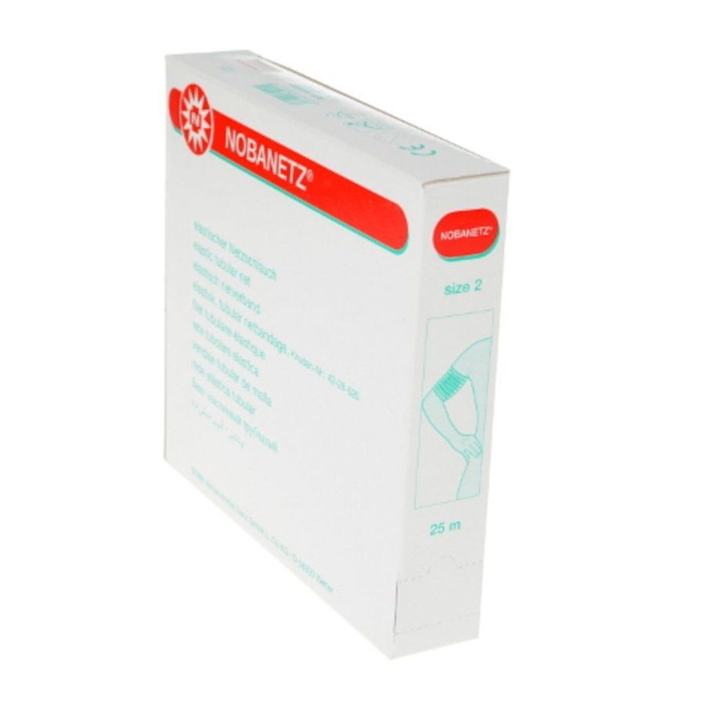 Witte verpakking met rode tekst NOBANETZ. Maat 2, 25 m. Illustratie van een arm met netverband.