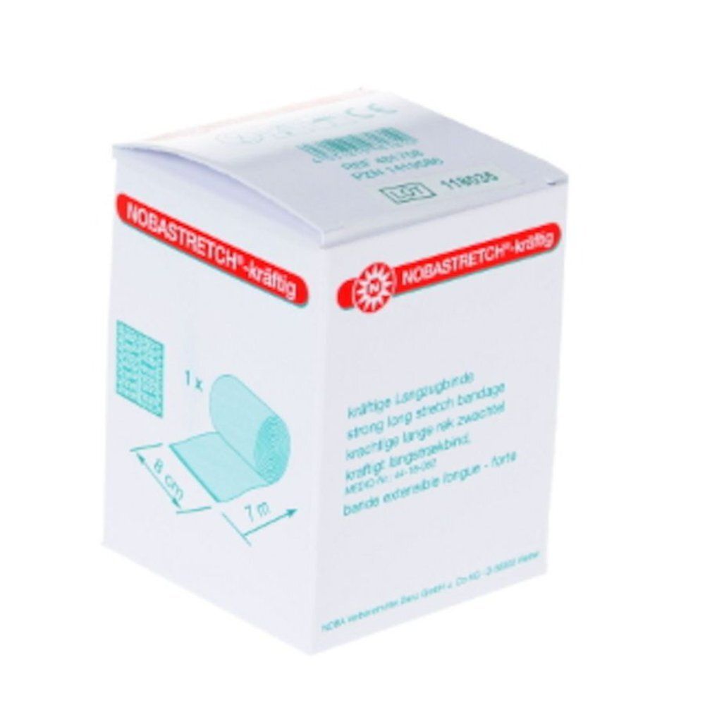 Verpakking van NOBASTRETCH®-kräftig lange rekverband. Witte doos met rode tekst. Verband: 8 cm x 7 m.