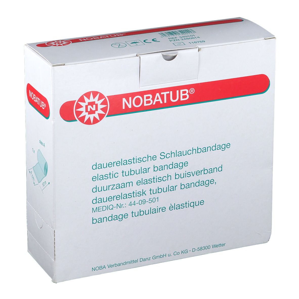 Emballage de bandage tubulaire NOBATUB®. Bande rouge avec logo et nom du produit. Texte en allemand, anglais, néerlandais et français.