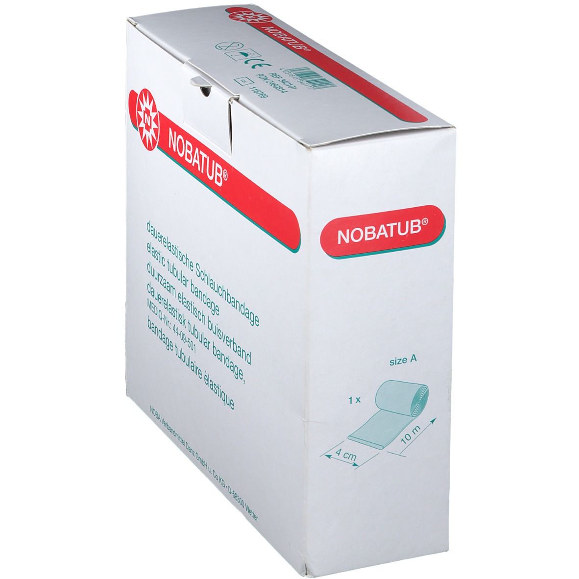 Emballage de bandage tubulaire NOBATUB®. Rouleau de bandage, 4 cm x 10 m. Nom et logo du produit sur une bande rouge.