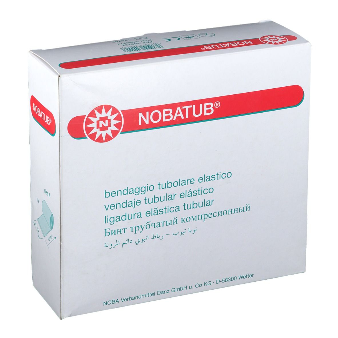 Emballage de bandage tubulaire NOBATUB®. Nom et logo du produit sur une bande rouge. Texte en plusieurs langues : allemand, anglais, etc.