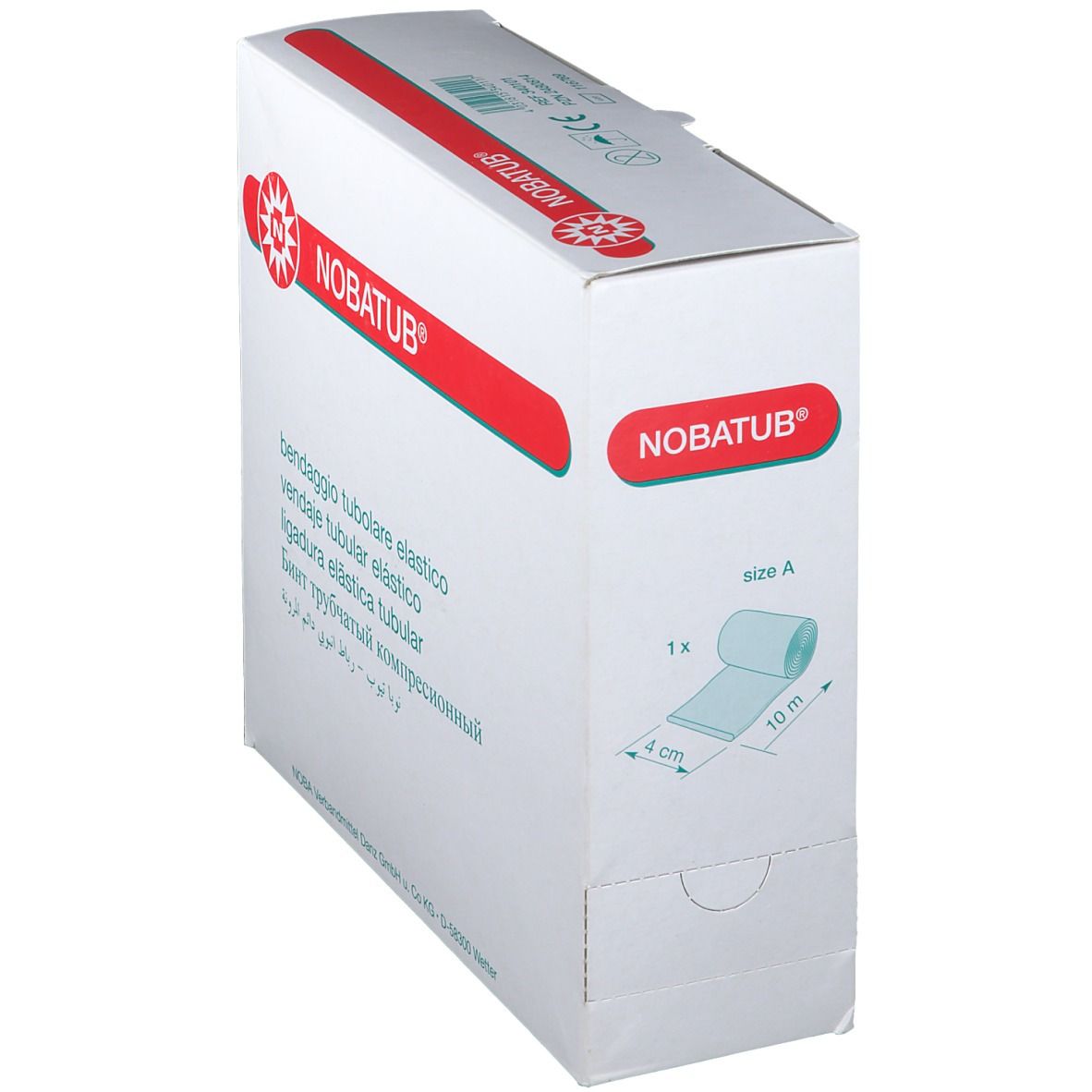 Emballage de bandage tubulaire NOBATUB®. Rouleau de bandage, 4 cm x 10 m. Nom et logo du produit sur une bande rouge.