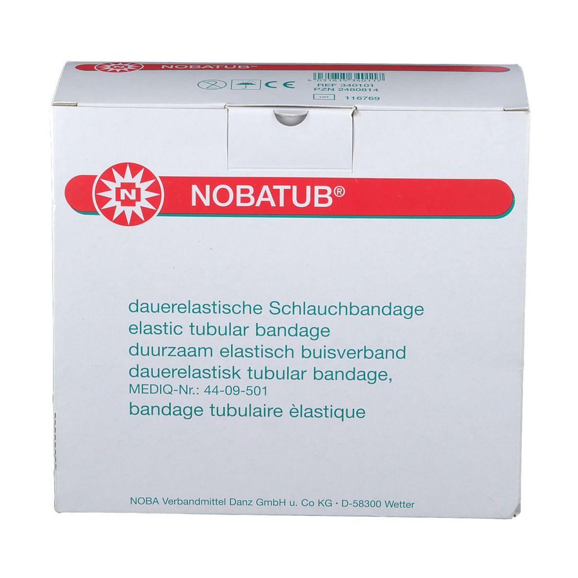 Emballage de bandage tubulaire NOBATUB®. Bande rouge avec logo et nom du produit. Texte en allemand, anglais, néerlandais et français.