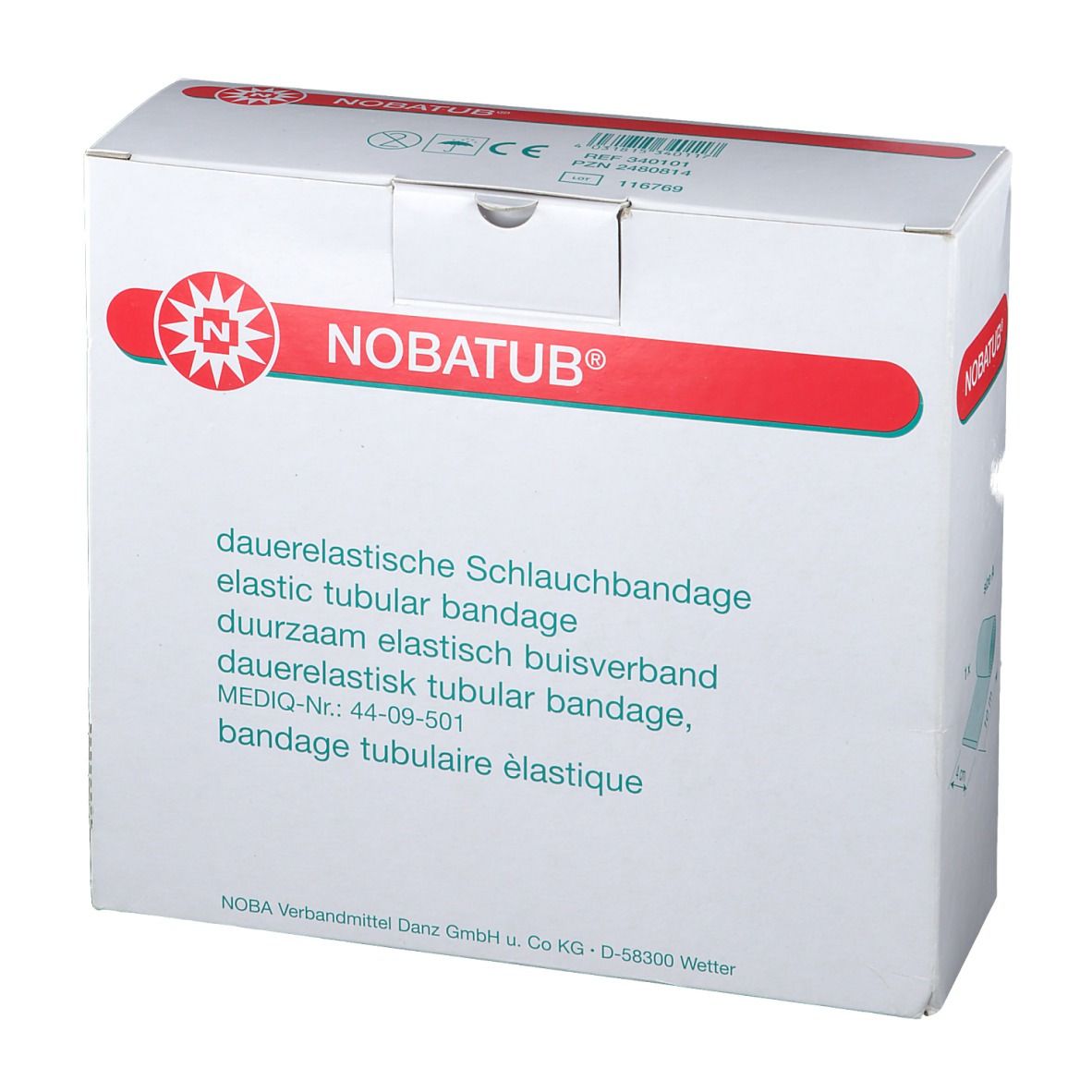 Emballage de bandage tubulaire NOBATUB®. Bande rouge avec logo et nom du produit. Texte en allemand, anglais, néerlandais et français.