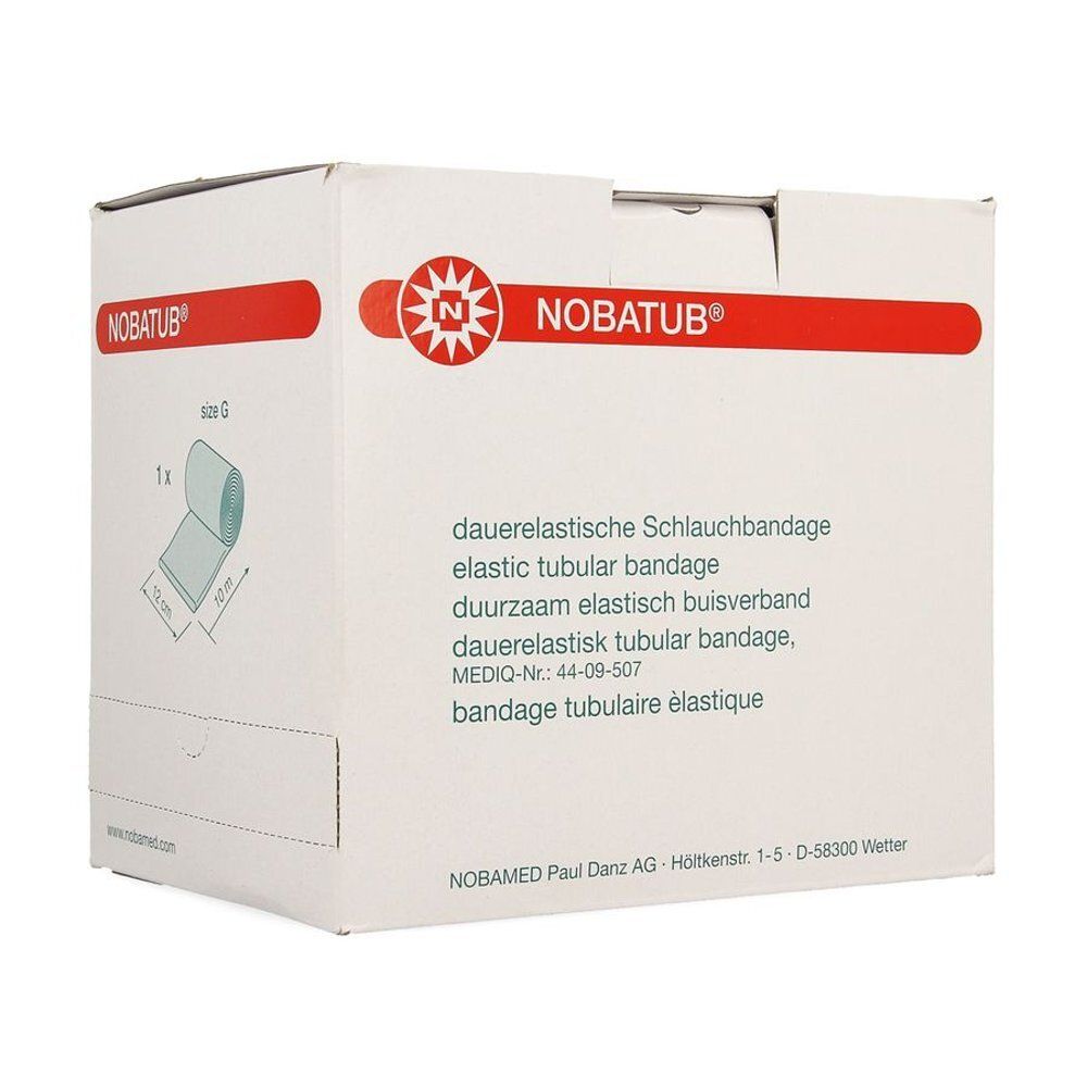 Boîte de bandage tubulaire NOBATUB®. Inscriptions : nom du produit, taille, description multilingue, MEDIQ-Nr.