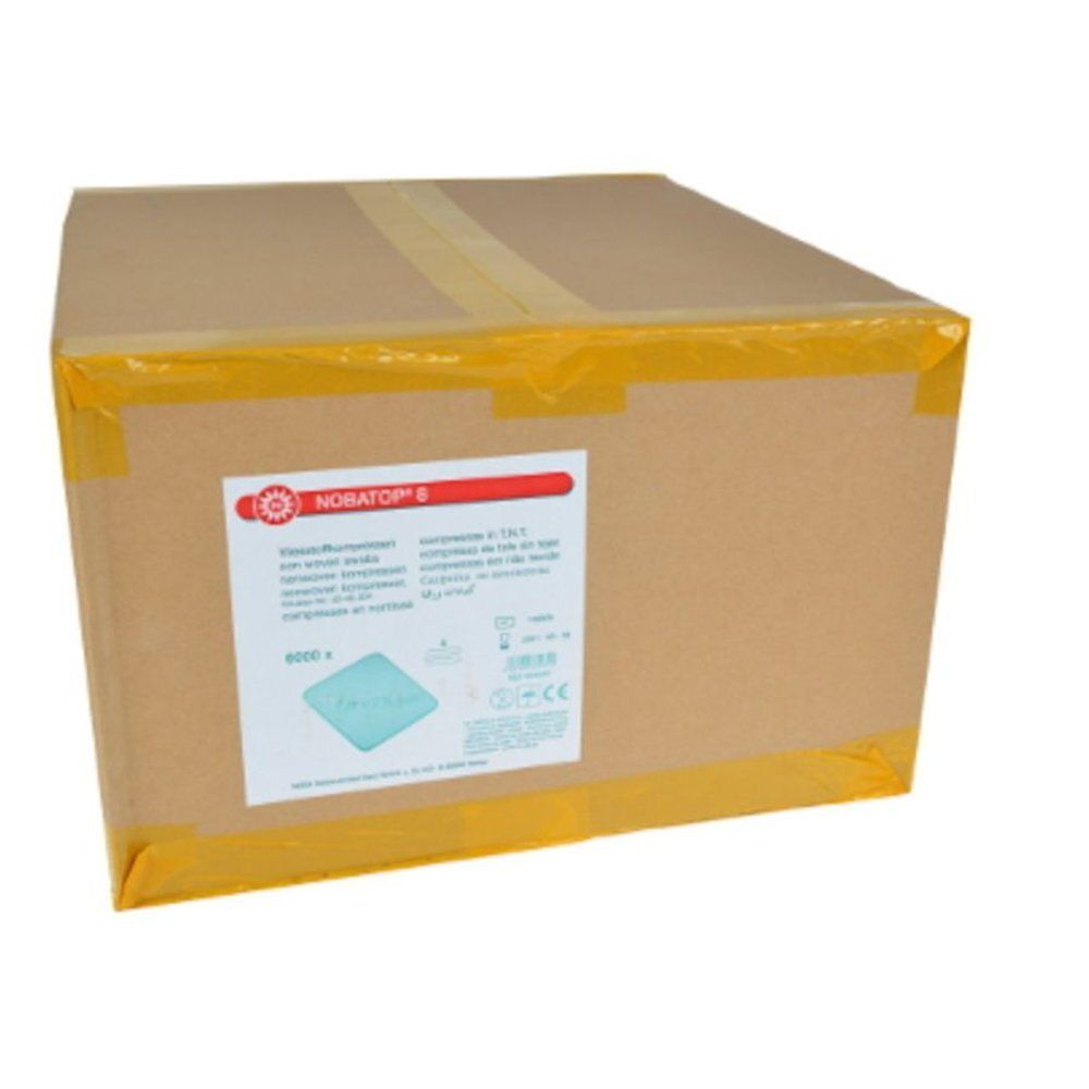 Kartonnen verpakking met sticker. Sticker met productinformatie en NOBATOP® logo. Gele tape rond de randen.