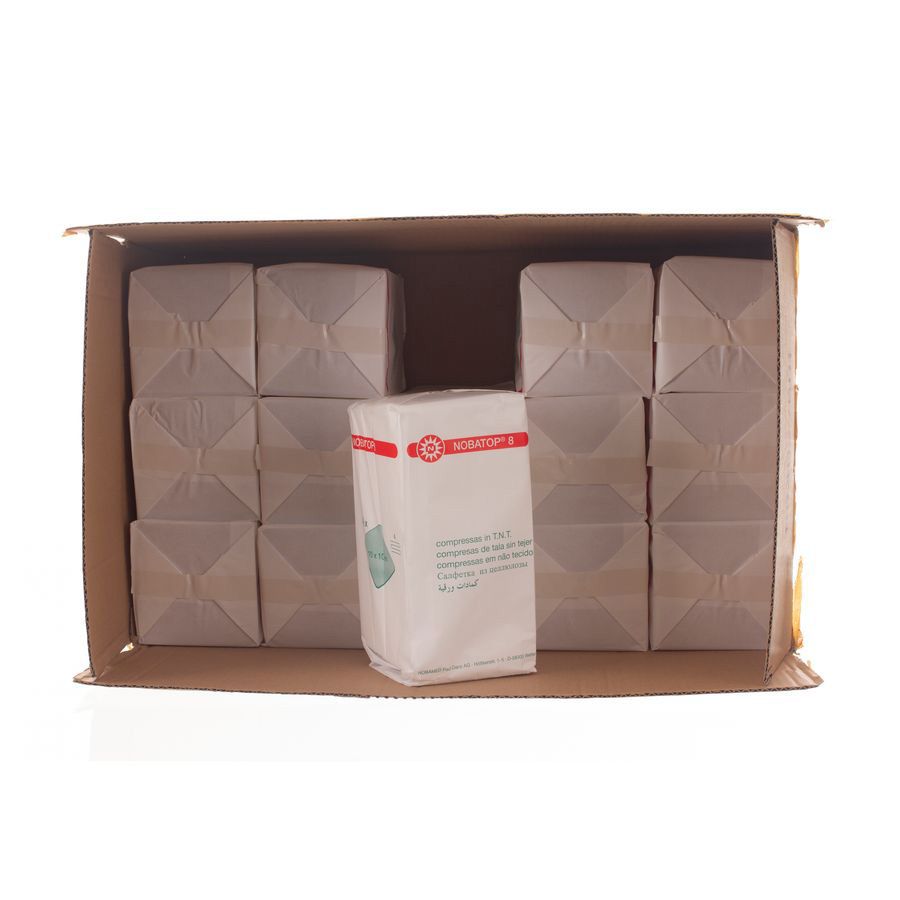 Doos met 10 verpakkingen NOBATOP® 8 non-woven kompressen, 10x10 cm.